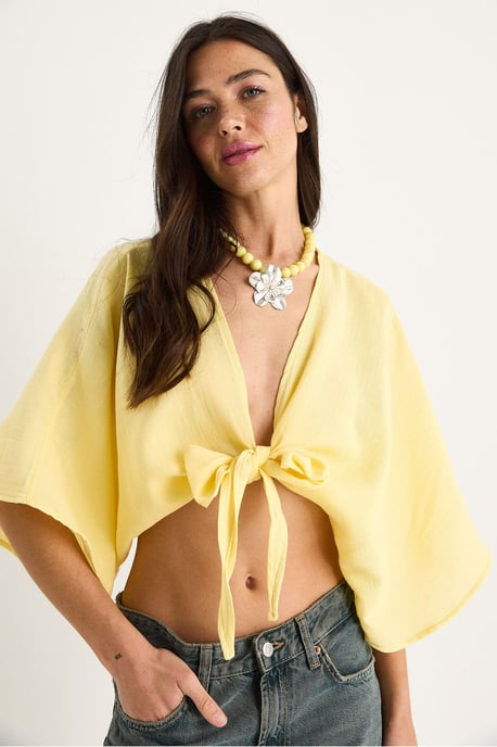 Dreiviertelärmel V-Ausschnitt Crop-Bluse mit Bindungsdetails - Image 6