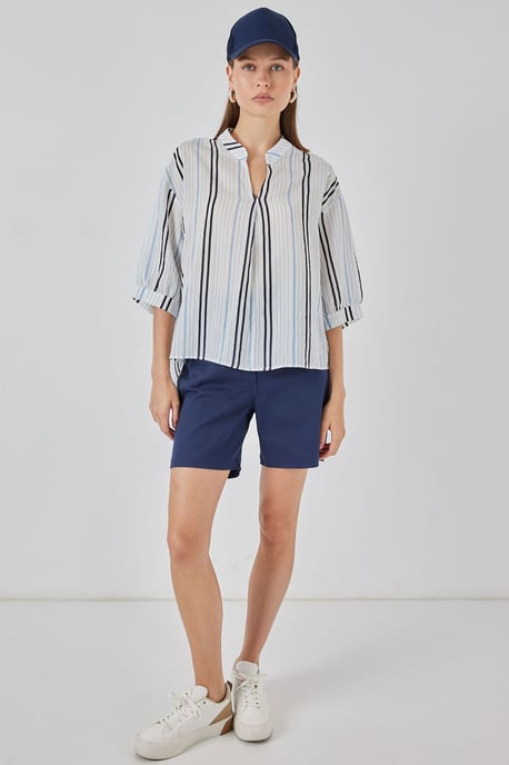 Gestreifte V-Ausschnitt-Bluse - Image 2