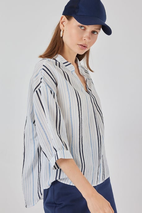 Gestreifte V-Ausschnitt-Bluse - Image 3