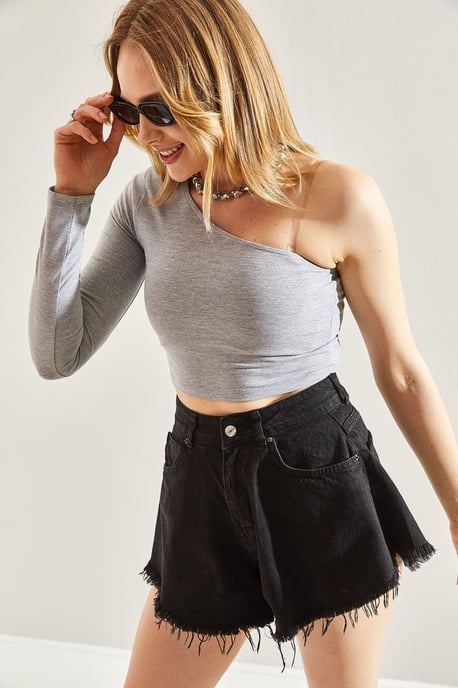 Asymmetrische Kragen Cropped Bluse - Image 4