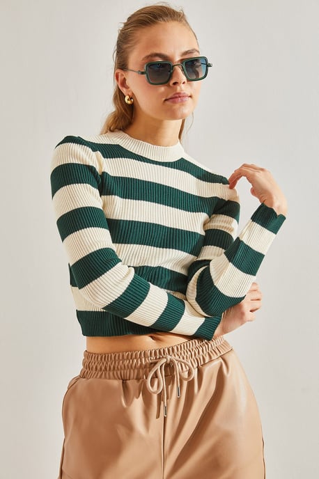 Bianco Lucci Gestreifte Cropped-Bluse mit Rundhalsausschnitt - Grün - Image 2