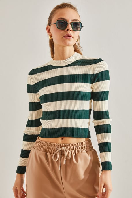 Bianco Lucci Gestreifte Cropped-Bluse mit Rundhalsausschnitt - Grün - Image 4