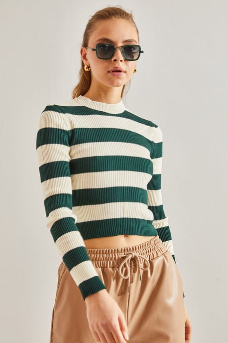Bianco Lucci Gestreifte Cropped-Bluse mit Rundhalsausschnitt - Grün - Image 5