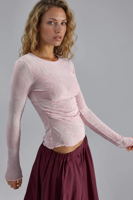 Figurbetonte Langarm-Bluse mit Flockdruck aus Tüll - Image 2