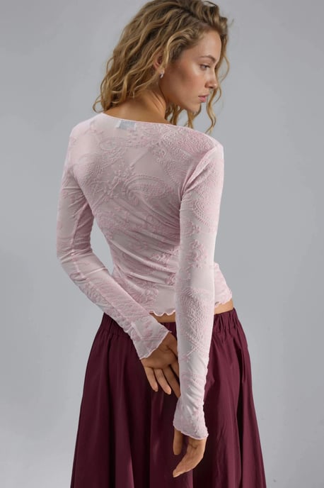 Figurbetonte Langarm-Bluse mit Flockdruck aus Tüll - Image 3