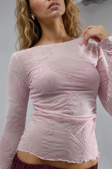 Figurbetonte Langarm-Bluse mit Flockdruck aus Tüll - Image 6
