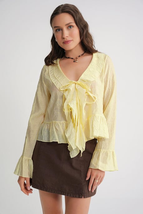V-Ausschnitt Rüschenshirt mit Kordelzug - Image 1