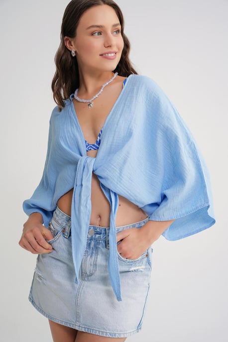 Strukturierte V-Ausschnitt Bolero Bluse - Image 4