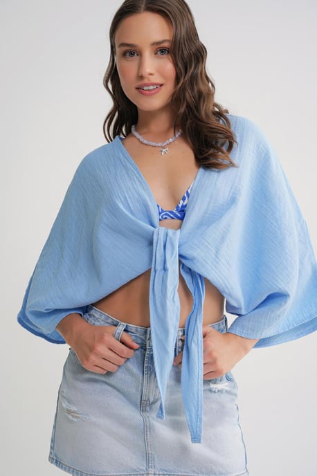 Strukturierte V-Ausschnitt Bolero Bluse - Image 5