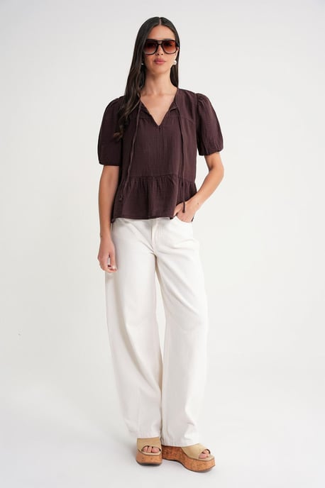 Strukturierte Musselin Rundhalsbluse mit Bindedetail - Image 2