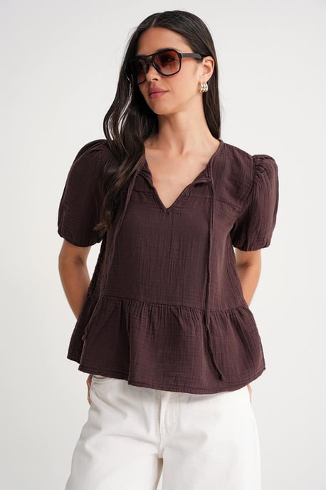 Strukturierte Musselin Rundhalsbluse mit Bindedetail - Image 3