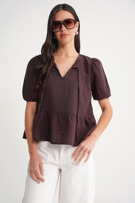 Strukturierte Musselin Rundhalsbluse mit Bindedetail - Image 4