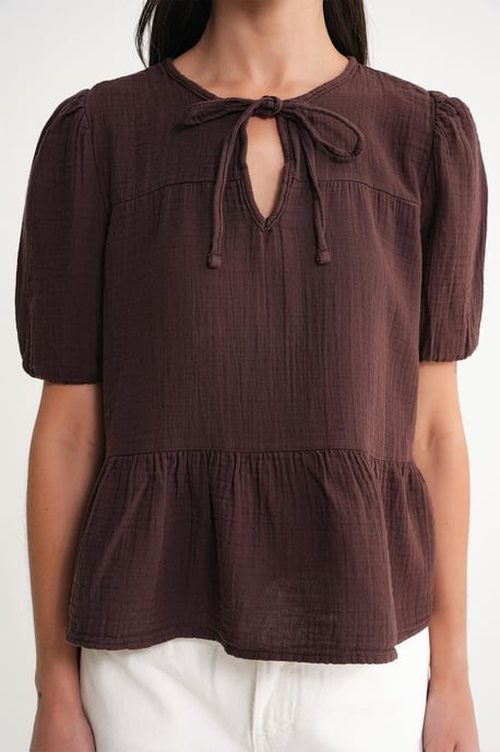 Strukturierte Musselin Rundhalsbluse mit Bindedetail - Image 5