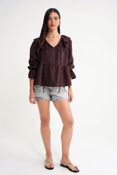 Flatternde Bluse mit Schalkragen und Bindeband - Image 2