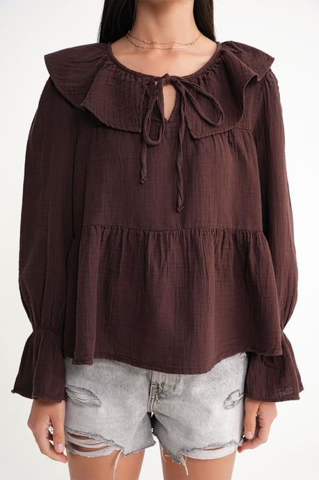 Flatternde Bluse mit Schalkragen und Bindeband - Image 5