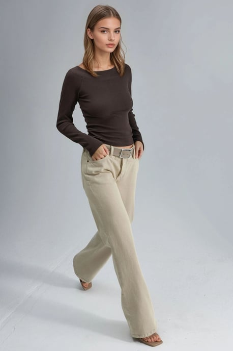 Schlanke Passform Ripp-Boots-Ausschnitt Bluse - Image 3