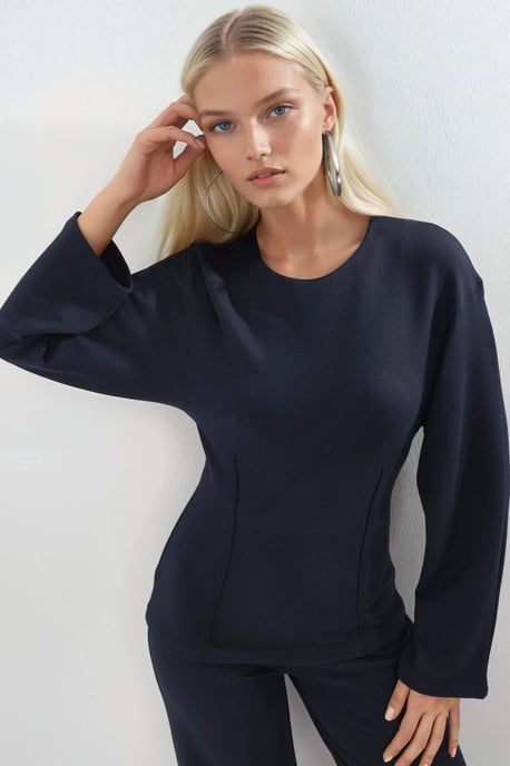 Crew-Neck Langarm Figurbetonte Bluse - Image 1