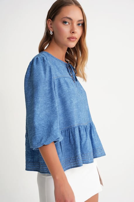 Denim-Optik Rüschenshirt mit Ballonärmeln - Image 4
