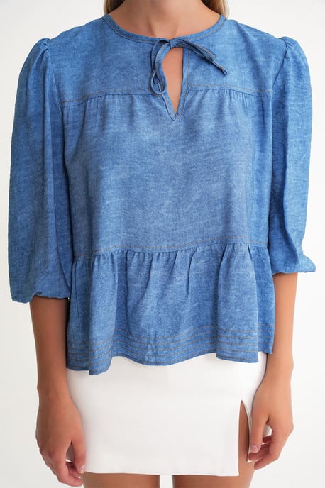 Denim-Optik Rüschenshirt mit Ballonärmeln - Image 5