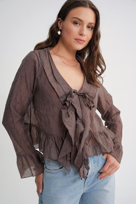 V-Ausschnitt Rüsch bluse mit Kordelzug - Image 3