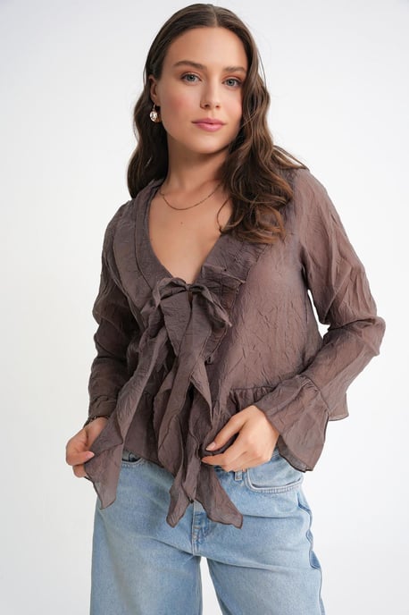 V-Ausschnitt Rüsch bluse mit Kordelzug - Image 4