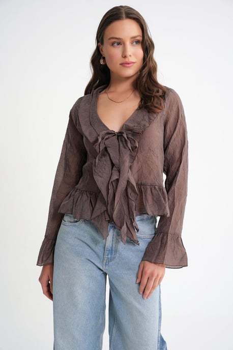 V-Ausschnitt Rüsch bluse mit Kordelzug - Image 5