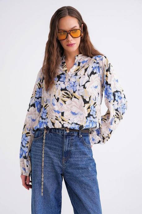 Bluse mit floralem Druck und langen Ärmeln im Mandarin-Kragen-Stil - Image 3