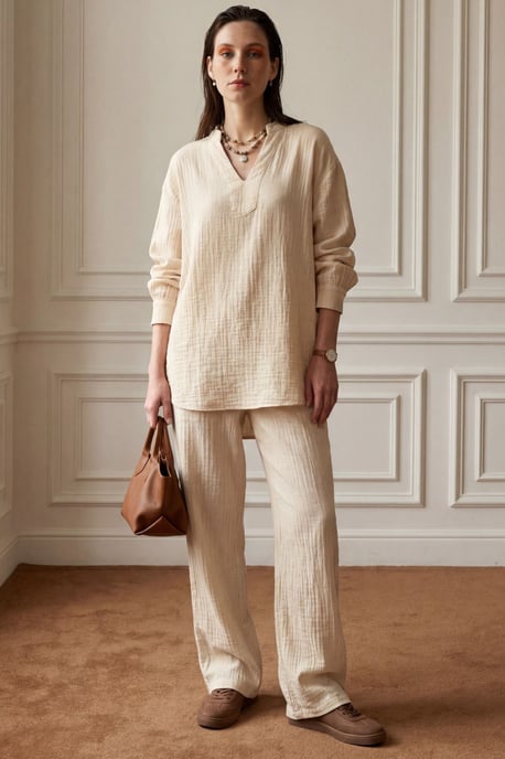 V-Ausschnitt Bluse & Schlaghose Muslin Zweiteiliges Set - Image 1