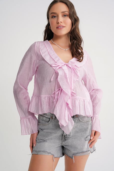 V-Ausschnitt Rüschenshirt mit Kordelzug - Image 3