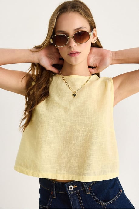 Leinenmischung Kurzarm Crew Neck Bluse - Image 1