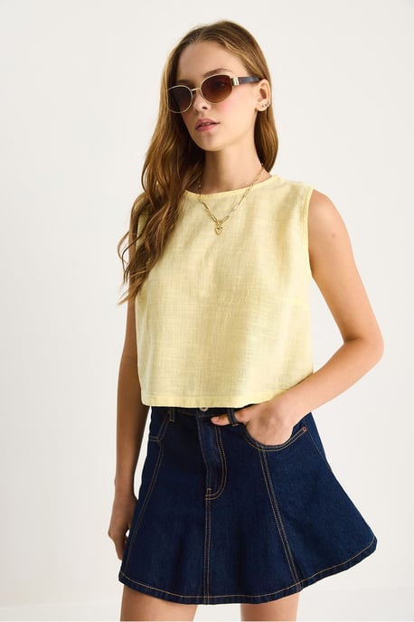 Leinenmischung Kurzarm Crew Neck Bluse - Image 2