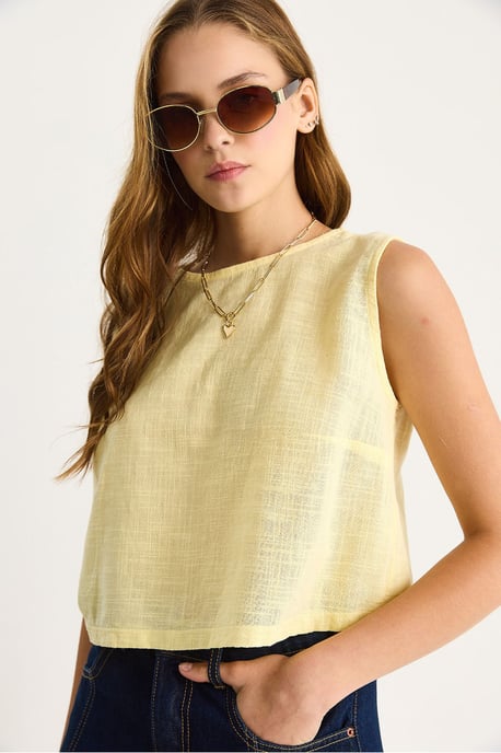 Leinenmischung Kurzarm Crew Neck Bluse - Image 3