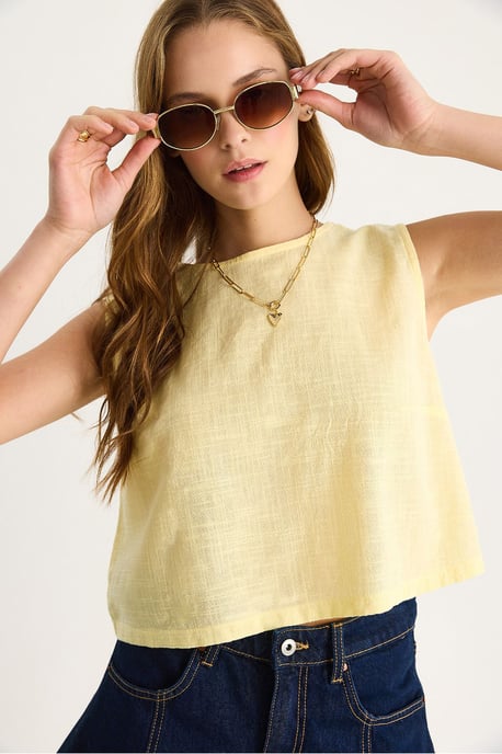 Leinenmischung Kurzarm Crew Neck Bluse - Image 4