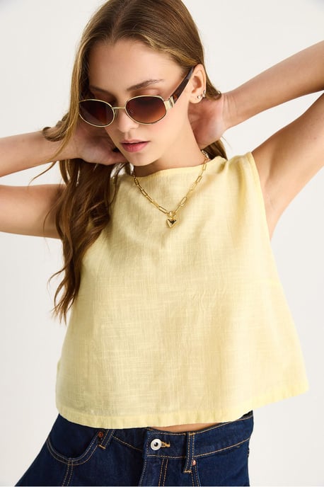 Leinenmischung Kurzarm Crew Neck Bluse - Image 5