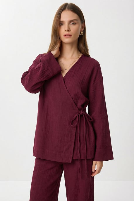Hoch taillierte weit geschnittene Hose & Bluse mit V-Ausschnitt und Bindedetail Set - Image 2