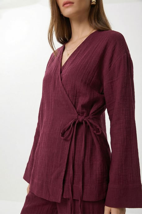 Hoch taillierte weit geschnittene Hose & Bluse mit V-Ausschnitt und Bindedetail Set - Image 3