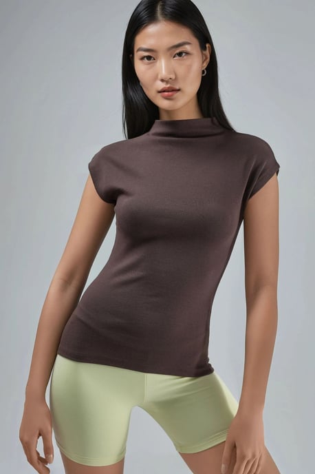 Taillierte Bluse mit Stehkragen und kurzen Ärmeln aus Strick - Image 1