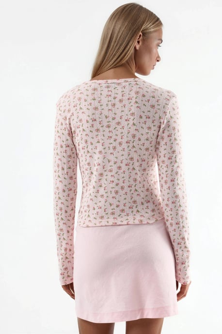 Blümchen-Ripp-Tokenbluse mit Knopfverschluss - Image 3
