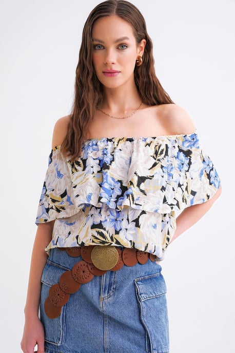 Bluse mit Blumenmuster und schulterfreiem Design - Image 1