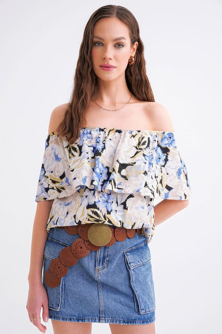 Bluse mit Blumenmuster und schulterfreiem Design - Image 3
