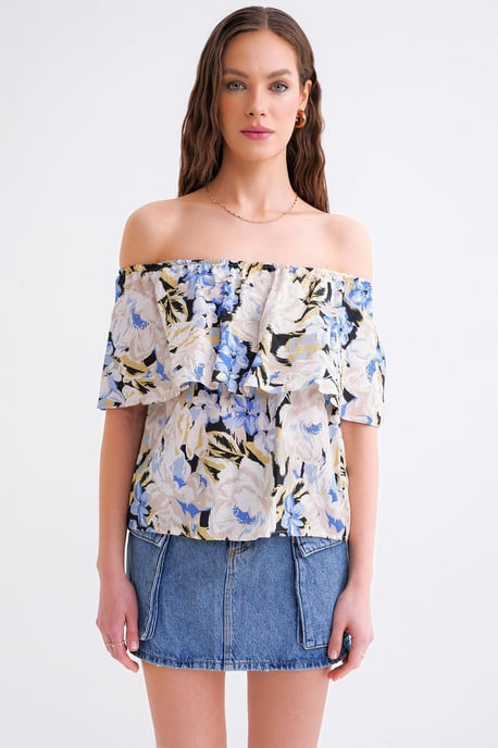 Bluse mit Blumenmuster und schulterfreiem Design - Image 5