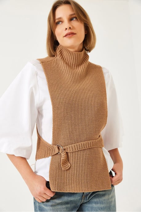 Texturiertes Rippstrick-Turtleneck-Top mit Schleife - Image 1