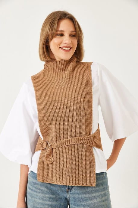 Texturiertes Rippstrick-Turtleneck-Top mit Schleife - Image 2