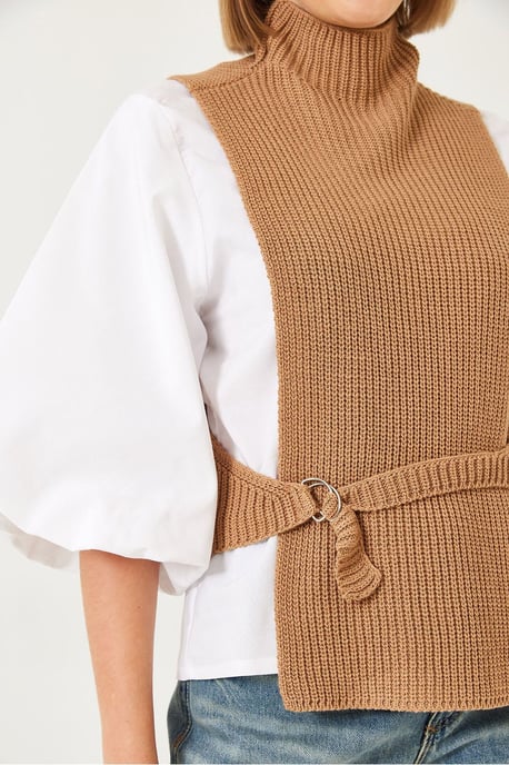 Texturiertes Rippstrick-Turtleneck-Top mit Schleife - Image 4