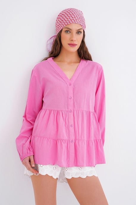 Langärmlige, gestufte V-Ausschnitt-Bluse - Image 1