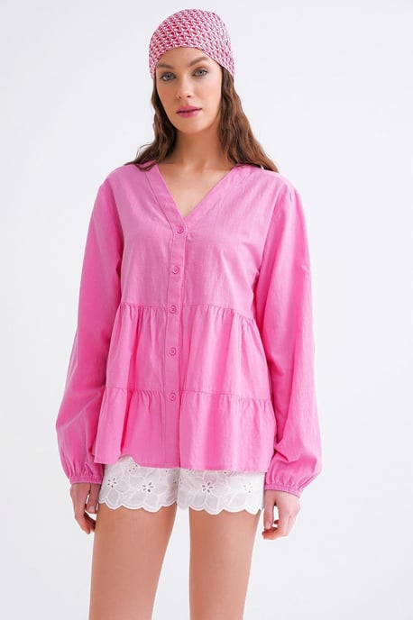 Langärmlige, gestufte V-Ausschnitt-Bluse - Image 3