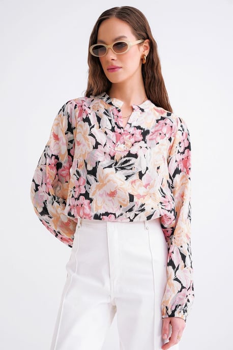 Bluse mit floralem Druck und langen Ärmeln im Mandarin-Kragen-Stil - Image 3