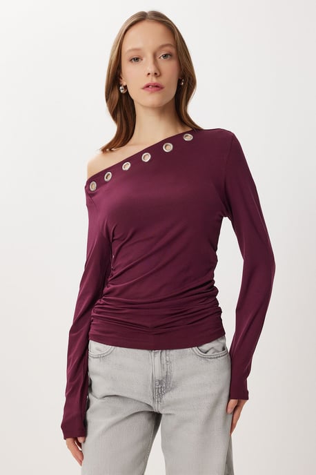 Asymmetrischer Kragen Langarm Viskosebluse - Image 3
