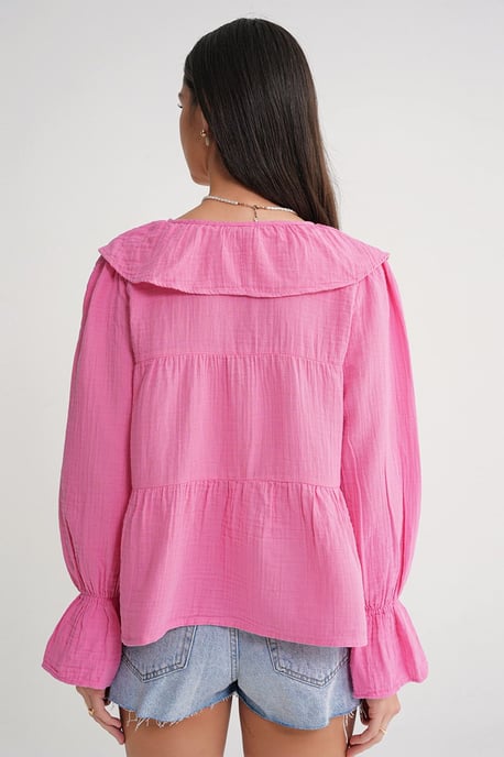 Volantbluse mit Schalkragen und Bindeband - Image 5