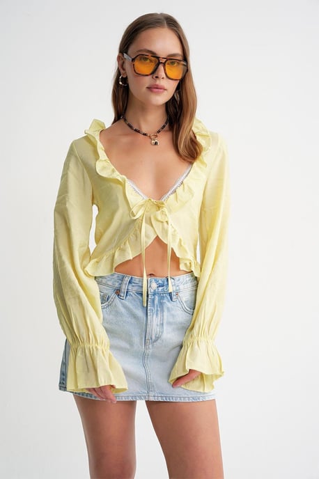 Rüschen V-Ausschnitt Langarm Cropped Bluse - Image 1